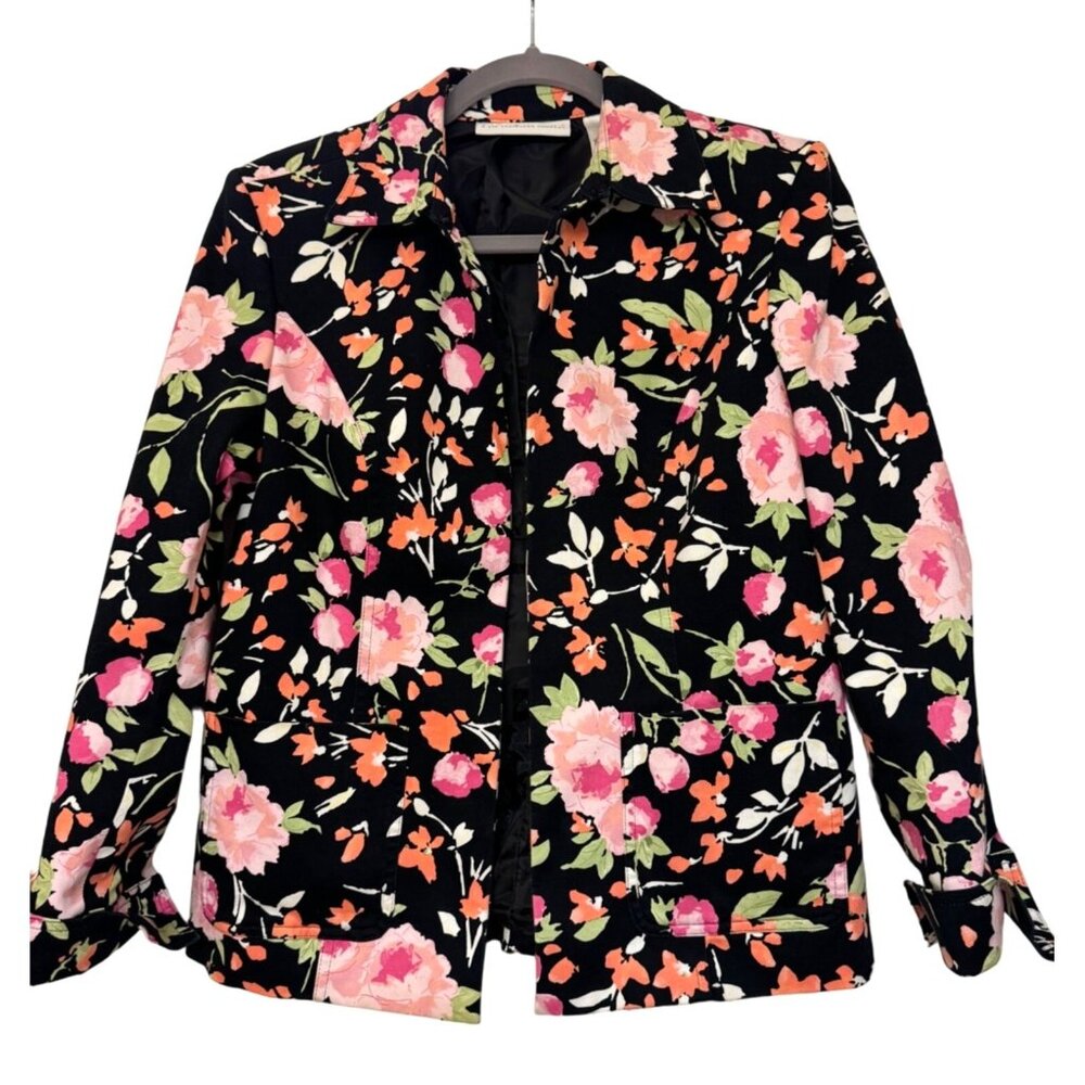 Floral Womens Jacket With Colorful Print Button-Up Front & Cuffs Size M By Liz C